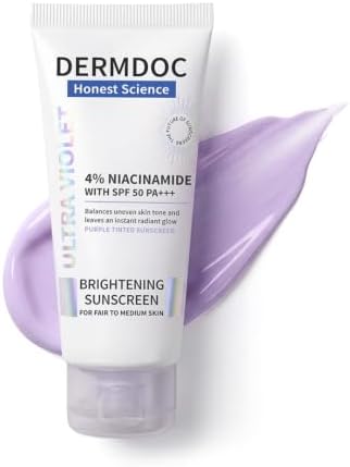 DERMDOC SPF 50 Ultra Violet Brightening Tinted Sunscreen with 4% Niacinamide, 60g | PA +++ | With Purple Tint | Evens Skin Tone | Lightweight | UVA & UVB Protection | Zero White Caste | Strengthens Skin Barrier | Ultra-Light & Non-Greasy