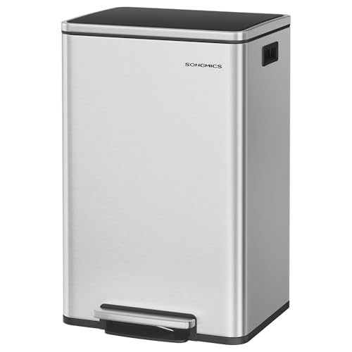 SONGMICS Trash Can, 13-Gallon Gabbage Can, with 15 Trash Bags, Stainless Steel, with Soft-Close Lid, Removable Inner Bucket, Handles, Silver ULTB595E01