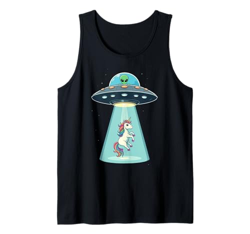 Funny UFO Alien Abducting Unicorn Cute Mystic Fantasy Sci-Fi Camiseta sin Mangas
