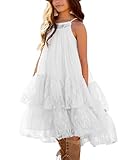 Batermoon Girls Lace Backless Tulle Dress Halter Neck Boho Flower Girl Sleeveless Ruffle Swing Party Dress, White, 7-8 Years
