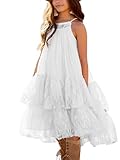 Batermoon Girls Lace Backless Tulle Dress Halter Neck Boho Flower Girl Sleeveless Ruffle Swing Party Dress, White, 5-6 Years