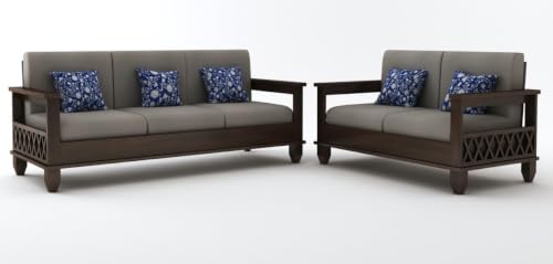 Image of STRATA FURNITURE Sheesham Wood 5 Seater Sofa Set for Living Room | Wooden 3+2 Seater Sofa Set Furniture for Bedroom Home Hall and Hotels (Walnut Finish, Grey)