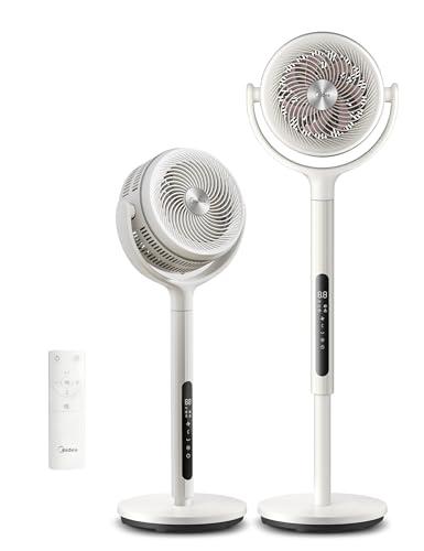 Midea MCF25GRWUK 21dB Pedestal Fan, 135°+120° Omni-directional Air Circulator, Powerful DC Motor & Dual-Blade Floor fan, 12 Speeds, 15H Timer with Remote, Adjustable Height, Standing Fan for Bedroom