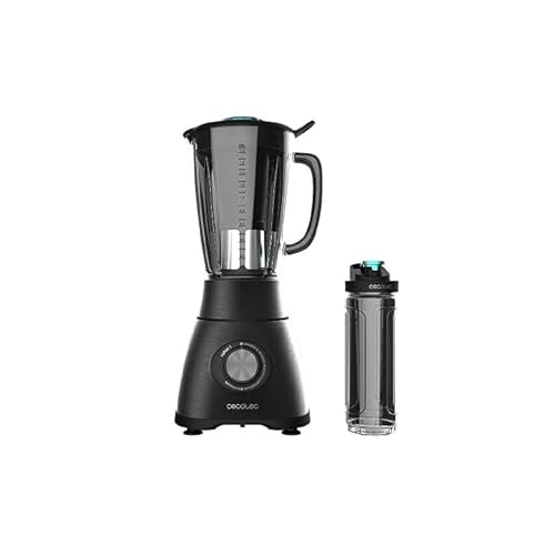 Cecotec Batidora de Vaso Power Black Titanium 2500MAX Go. 2500W Máxima Potencia, 6 Hojas con Recubrimiento de Titanio Negro, Jarra Termorresistente de 1,8L, 5 Velocidades, Incluye Botella Portátil
