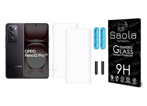 Image of Saola 2-Pack UV Curved Tempered Glass for Oppo Reno 12 Pro | 9H Hardness | Edge-to-Edge Full Screen Coverage | UV Light Installation | Scratch Resistant | Case Friendly Screen Protector. (6.7 Inches)