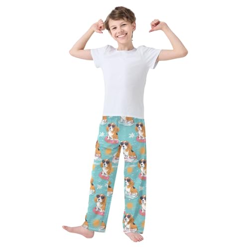 Beagle Daisy Florals Boys Long Pants Soft Trousers Elastic Waist Kids Lounge Bottoms with Pockets S-XL3