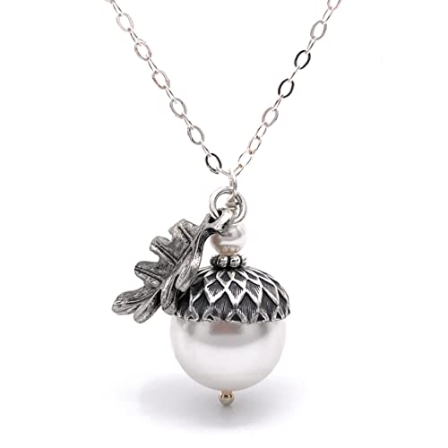 Dashe Designs 18 Inches Long Necklace For Women, Acorn Necklace With Oak Leaf And White Simulated Pearls, Crystal Pearl #TOP4