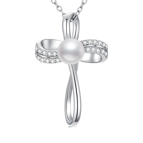 WSX Cruz perla turquesa/infinito/corona/celta, collar retro de plata de ley 925, perla de agua dulce, oro blanco con moissanita, protección religiosa, Navidad, Día de la Madre para mamá esposa, Plata