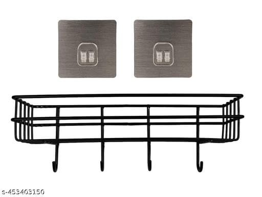 (Pack of 2) Steel Self-Adhesive Multipurpose Bathroom Shelf with Hooks/Towel Holder/Rack/Bathroom Accessories-Wall Mount - Pack of 2 (Black,Powder Coated) 1