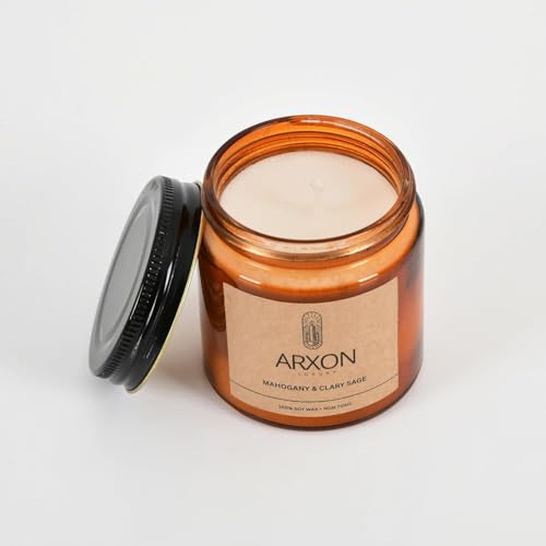 Image of Arxon Aromatherapy Soy Wax Scented Candle | Sleep /Destress - Focus /Meditate - Relax /Calm - Refresh /Rejuvenate | 100g Each, 30Hrs Burn Time | Corporate Gifting Mahogany & Clary