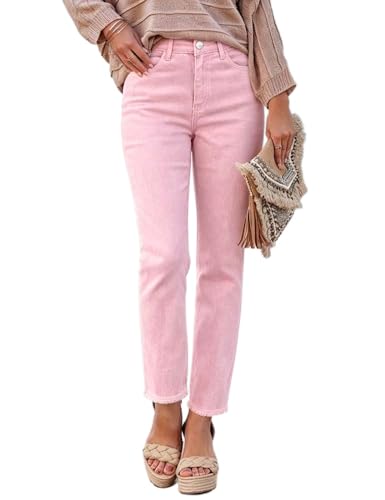 Mywinway Straight Leg Jeans for Women 2026 Spring Summer Stretchy Frayed Hem High Waisted Ankle Denim Pants with Pockets Pink M