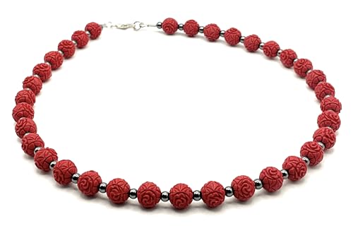 Collier avec cinabre rouge véritable, hématite et argent massif - 4