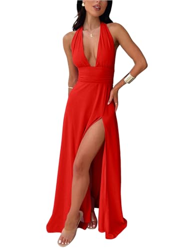 Image of Ekaliy Womens Sexy Halter Deep V Neck Maxi Dress Sleeveless Backless Split Long Dress