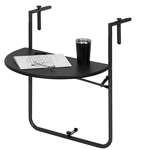 WOLTU Balkonhängetisch, Balkontisch zum Hängen, Hängetisch klappbar Beistelltisch Gartentisch, Klapptisch mit 3 Höhen, 2 Tassenhalterungen, in Rattan-Optik, 59,5x39 cm Schwarz CPT8143sz