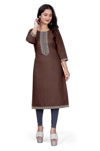 Image of Women A-line Cotton Blend Round Neck 3 /4 Sleeve Embroidered Kurti Only