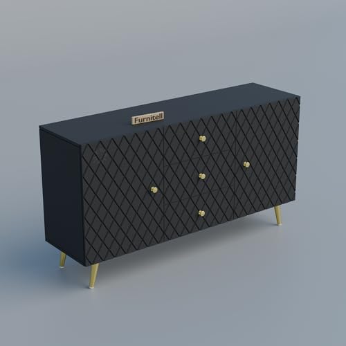 Image of Wooden Sideboard Cabinet for Living Room & Bedroom | Geometric Design Side Board Crockery Cabinet with 2 Doors & 3 Drawers Storage for Home & Entryway | HDMR Premium Wood | Golden Metal Legs (Black)