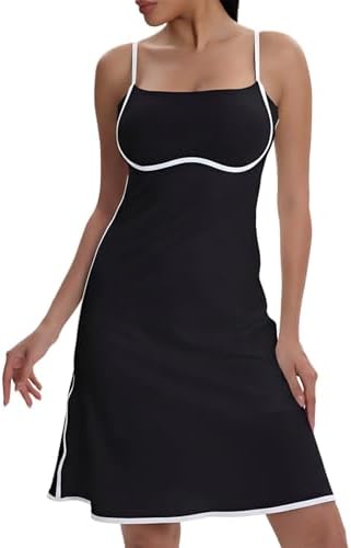 VIPARK Womens Tennis Dress Black White Contrast A-Line Athletic Dress with Built-in Shorts Removable Padding Adjustable Straps Side Pocket Sleeveless Workout Golf Mini Dress