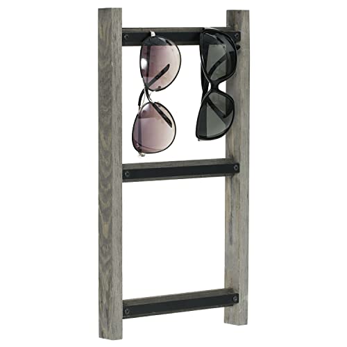 Mygift Vintage Gray Wood Hanging Sunglasses Rack Holder With Metal Rails, Wall Mounted Ladder Design 3 Tiered Retail Eyewear Storage Display Stand #TOP1