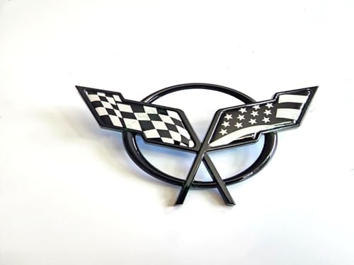 Image of 1Pc Corvette C5 Front Nose Cross Flags Emblem 3D Badge Nameplate Sticker Decal 19207384 Fit for 1997-2001 Corvette Crossed Flags (Front - w /Alignment Pins) (US Flag-Black)