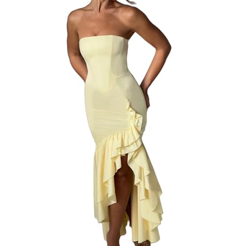 Image of Women's Sexy Strapless Backless High Split Long Maxi Dress Ruched Off Shoulder Sleeveless Bodycon Party Cocktail Dresses