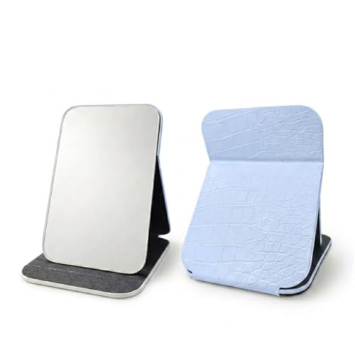 Image of Foldable Makeup Mirror with Adjustable Stand, Portable HD Vanity Mirror for Travel & Dressing Table, PU Leather Crocodile Pattern Compact Cosmetic Mirror for Women & Girls (16x11cm) (Blue)