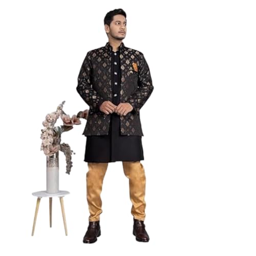 Image of XEPON Men's Jacquard Ethnic Wear Kurta Pajama With Stylish Long Jacket Set