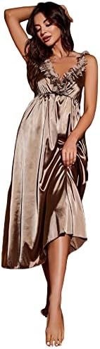 OYOANGLE Women's Ruffle Trim Satin Nightgown Sleepwear Silk Sleeveless Chemise Cami Nightwear Bronze XS