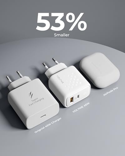VOLTME Caricatore USB & USB C Doppio Porta 45W Bianco, GaN caricatore usb c 2-porte presa usb c doppia per iPhone 15/Pro, MacBook Air, Samsung Galaxy S23/S22+/S21, Note 20/10, iPad Pro, Pixel, Huawei - Immagine 2