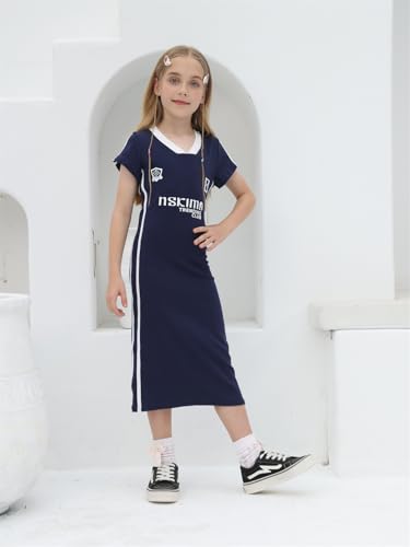 Girl's T Shirt Long Dress, Maxi Cotton T-Shirt Dress for Children Casual V Neck Short Sleeve Letter Print 4-13 Years2