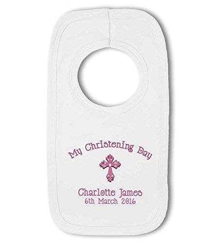 BWW Print - Christening Bib with Cross and personalised girls name pink - Baby Pullover Bib, Boy or Girl