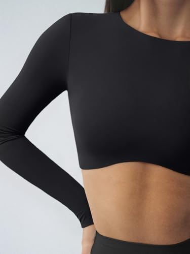 LASLULU Womens Sexy Double Lined Long Sleeve Shirts Crewneck Workout Tops Athletic Yoga Shirts Going Out Crop Tops4