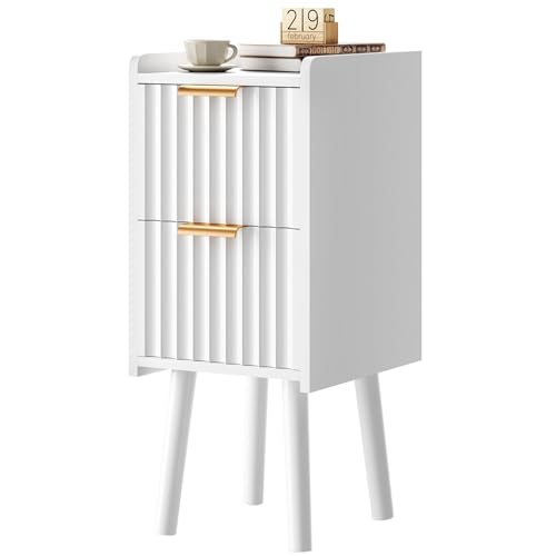 IBUYKE Mesita de Noche Estrecha, mesita pequeña con 2 cajones, Ahorra Espacio, mesitas de Madera para Dormitorio y Sala de Estar, Blanco WNS015W