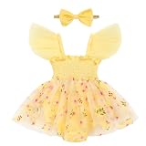 TITKKOP Baby Girl Tulle Romper|Newborn Summer Bodysuit|First Birthday Photo Shoot|Cake Smash Outfit for Infants(yellow-beige flower,3-6M)