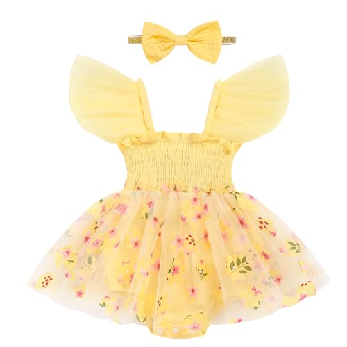 TITKKOP Baby Girl Tulle Romper|Newborn Summer Bodysuit|First Birthday Photo Shoot|Cake Smash Outfit for Infants(yellow-beige flower,3-6M)
