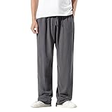 Pantalones de lino para hombre, de verano, largos, ligeros, de algodón y lino, para el tiempo libre, corte holgado, pierna ancha, cintura elástica, cordón, transpirable, pierna recta, pantalones de