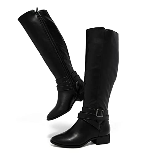 YDN Women Round Toe Knee High Boots Block Low Heel Wide Calf Boots Casual Fall Winter Shoes Size 4-15 US4