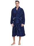 Inner Wish Mens Plush Fleece Robe, Cozy Warm Bathrobe Fuzzy Male Spa Long Robe With Pockets, Navy Blue, L/XL