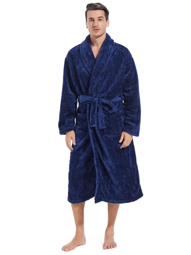 Inner Wish Mens Plush Fleece Robe, Cozy Warm Bathrobe Fuzzy Male Spa Long Robe With Pockets, Navy Blue, L/XL