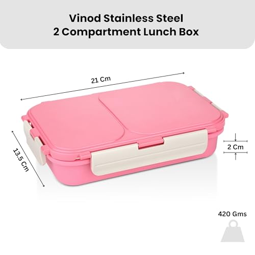 Image of Vinod GO-Tiffin Stainless Steel 2 Compartment Insulated Lunch Box | Pink | Leaf-Proof, Vacuum Sealed & Air Tight | Tiffin Box for Office, Kids & Adults | Freezer Safe | with Safety Lock
