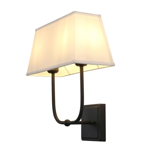 Image of PERMO Transitional Double Sconce Indoor 2 Lights Sconces Black Wall Lighting with White Textile Fabric Square Shade Wall Sconces for Bedroom Bedside Living Room