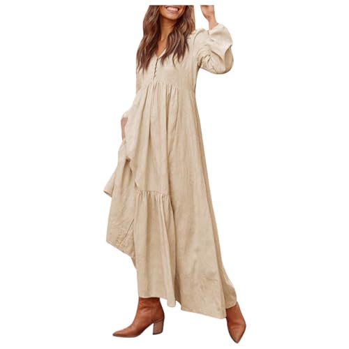 Leinenkleid Damen Sommer Kleid Langarm V-Ausschnitt A-Linie Maxi Kleider Locker Kaftan Langes Kaftan Kleid Swing Casual Blusen Tunika Maxikleid Boho...