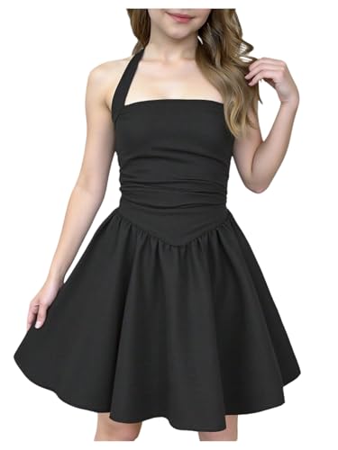 Verdusa Girl's Bow Tie Back Halter Dresses Ruched A Line Backless Elegant Birthday Dress