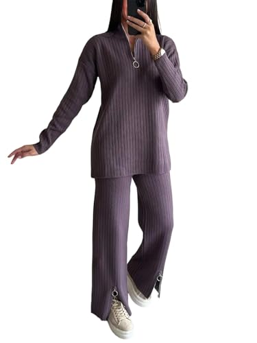 Women’s Winter Knitted Two-Piece Set Zipper High Neck Ribbed Sweater