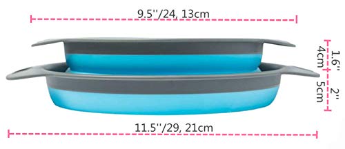 Collapsible Colanders with Handles (2 Pc. Set) Round Kitchen Sink Strainers | Heat-Resistant Silicone | Stackable, Space-Saving Design | Pasta, Vegetables, Hot Water (Blue)