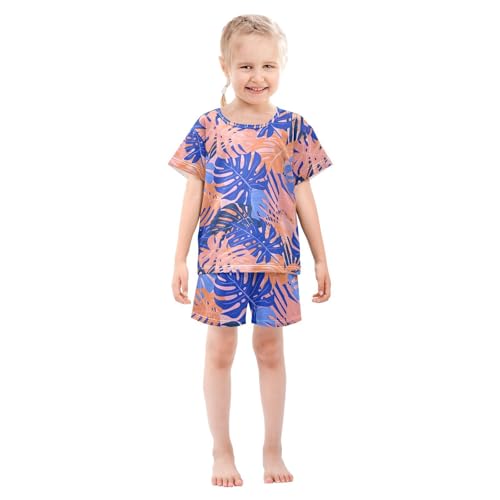 ALAZA Blue Palm Leaf Pajamas Short Sleeve 2 Piece Sleepwear Top and Bottom Pajama Set Unisex3