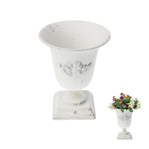 POPETPOP Tall Metal Urn Planter: 7.47" Distressed White Pedestal Vase