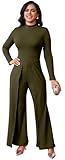 ZonJie Army Green Long Sleeve jumpsuits for Women Dressy Wedding Round Neck Work Wide Leg Pants Rompers with Zipper,24 Army Green_Large
