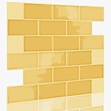 Funlife Lot de 4 autocollants 3D pour carrelage mural - Protection anti-éclaboussures - Pour cuisine, salle de bain, salon, film de protection imperméable - Vinyle - 30 x 13 cm - Jaune moutarde