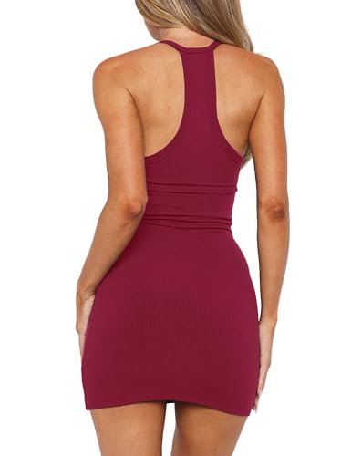 Image of YFANG Women's Spaghetti Strap V Neck Ribbed Racer Back Bodycon Mini Dress 2026
