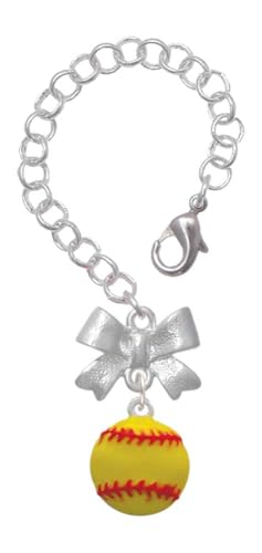 Delight Jewelry Silvertone Large Optic Yellow Softball - Silvertone Bow Charm Accessory for Tumblers and Thermal Cups